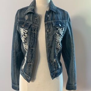 Lace trimmed distressed jeans jacket